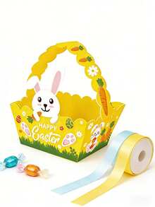 4个装便携式复活节兔子礼品袋纸板糖果篮，复活节快乐纸质糖果篮，可爱兔子小鸡造型糖果礼盒，派对糖果盒，可爱动物主题节日礼品包装用品 - 彩色 - 查看 11