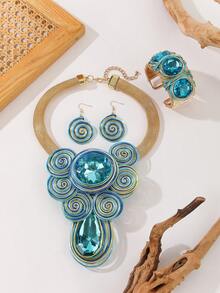 1 Set de collar, aretes y pulsera hechos a mano con alambre de aluminio tejido multicapa, resina y cristales con estilo bohemio, europeo y de Oriente Medio, elegante para mujeres, adecuado para fiestas, banquetes y vacaciones - Celeste - Ver 7