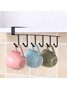 6-Hook Storage Rack - Kitchen Organizer Rack - Cup Holder, Multi-Function Under Cabinet Shelf (Black/White) - Multicolor - View 6