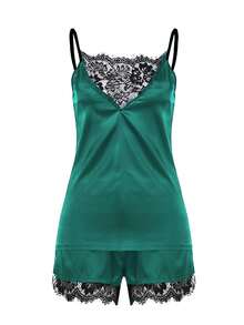 Women Sexy Lingerie Satin Pajamas Chemise Nightgown Silk Slip Sleepwear Lace Babydoll Soft Nightgowns - 綠色 - 查看 2