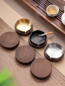 1pc Stainless Steel Ashtray, Wooden Home/Office Ashtray With Cover, Creative Ashtray To Prevent Ash Scattering - Multicolor - View 9