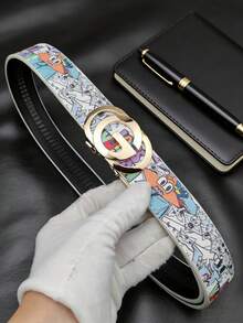 1pc Men's Automatic Buckle Belt, Cartoon Hawaiian Print Casual G-Buckle Letter Buckle, Youth Business Casual Street Style Asymmetrical Print Belt, 120cm Length - Multicolor - View 2
