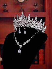 1 Set Silver Luxury & Noble Wedding Jewelry Set, Bride Necklace, Earrings, Crown 3pcs - Silver - View 9