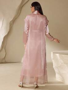 女士粉色腰带长袖连衣裙和水钻长袍套装，优雅长袍套装，闪亮派对套装，婚礼宾客服装，夏季度假服装，生日服装，春假服装 - 粉色 - 查看 2