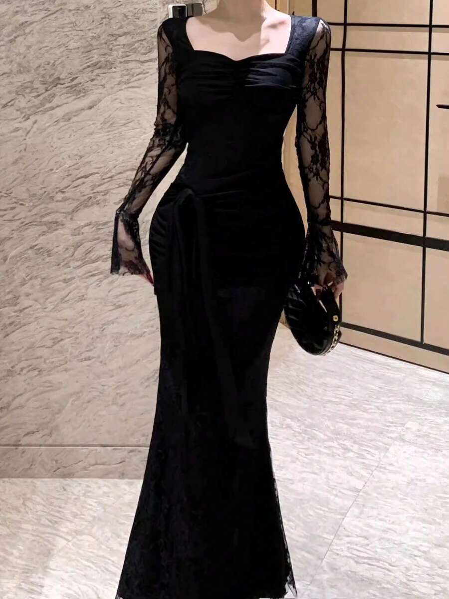 Women's Elegant Fitted Black Lace Patchwork Vintage Style Formal Dress, Suitable For Spring/Summer, Birthday Party, Ball Wedding - Black - View 1