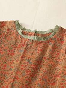 Spring & Autumn New Women's Artistic Fresh Floral Lace Collar 3/4 Sleeve Dress, Loose Floral Dress With Contrast Lace Collar Design - Mocha Brown - View 8