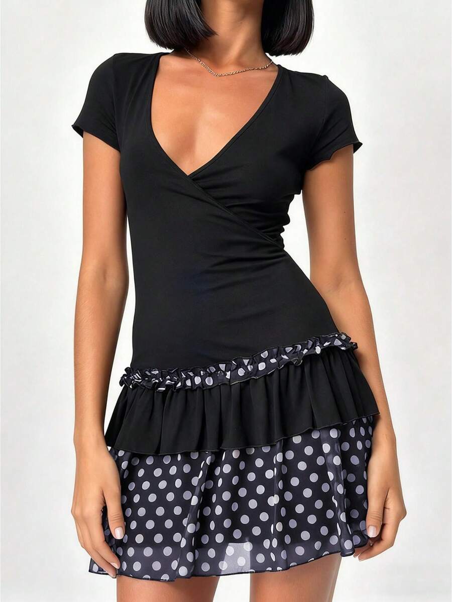 Women's Black Deep V-Neck Short Sleeve Wrap Bodice Tiered Ruffled White Polka Dot Hem Mini Dress - Soft Stretch Fabric Stylish Elegant Retro Chic Versatile Casual Occasion Daily Wear(S-XL) - 藍色 - 查看 1