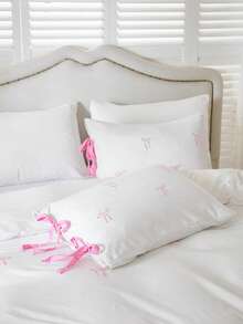 2pcs/3pcs White Solid Color Duvet Cover Set With Pink Embroidered Bow And Bottom Bow Ties, Includes 1 Duvet Cover And 2 Pillowcases Without Insert, Suitable For Room Decoration, Daily Polyester Fiber, Soft And Skin-Friendly, Indoor Bedroom, Master Bedroom, Guest Room, Secondary Bedroom, All-Season Use, Bow Detail Bedding, Romantic Decor, Girly Aesthetic, Affordable Luxury, Trending Home Styles - Multicolor - View 11