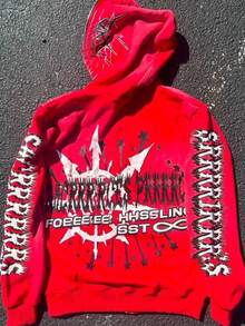 Men's Vintage Skull Graphic Zip Up Hoodie Hip Hop Streetwear Jacket Oversized Full Zip Front For Casual Fall Wear - Đỏ - Xem 2