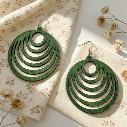 1 Pair Wireless Geometric Circle Wooden Pendant Earrings, Exaggerated Large Hoop Earrings