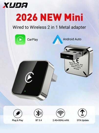  XUDA 2026 New 2-In-1 Wireless CarPlay/Android Auto Super Mini Adapter, 2.4-5.4GHz WiFi 6 Carplay Converter, Wired To Wireless, Fast Auto-Connect, No Latency, Stylish Portable, Compatible With IPhone & Android, With USB/USB-C Port, No Battery