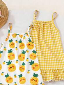 2pcs/Set Toddler Girl Fashionable Casual Red Plaid Cartoon Strawberry Print Sleeveless Dress Suitable For Party, Holiday, Leisure, Outing, Home Wear, Summer - Yellow - View 5