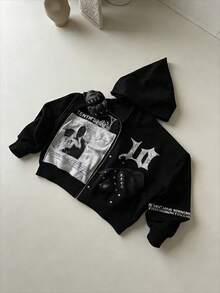 Men's Hooded Zip-Up - Star Pattern Streetwear Jacket, Unisex Cropped Oversized Casual Sweatshirt - 黑色 - 查看 2