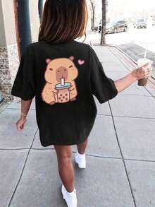Camiseta de manga corta negra con cuello redondo y estampado casual para estudiantes de escuela de chicas y adolescentes, top de verano - Negro - Ver 7