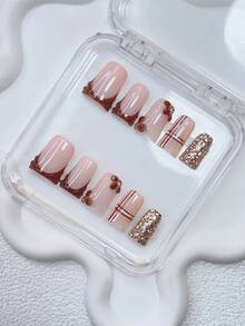 10片装Y2K风鸭嘴美甲贴片套装 - 手工制作，粉色美甲贴片，棕色美甲贴片，棕色法式美甲贴片，手工3D立体花朵，3D棕色花朵美甲，手绘3D水滴图案和条纹设计，闪亮金色水钻装饰 - 彩色 - 查看 2