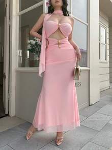 abyoxi 女士粉色无肩带露背多层镂空金属纽扣装饰褶皱修身美人鱼长裙，配颈巾，性感优雅迷人，时尚百搭，适合浪漫约会、派对、正式晚宴、新年、情人节等场合，春夏修身美人鱼长裙 - 粉色 - 查看 6