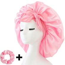 两件套奢华丝缎睡帽，包含丝缎发圈、大号柔软丝滑缎面蝴蝶结，优雅睡帽，可调节舒适贴合，系带式 - 男女通用护发产品，舒适荷叶边设计，贴合头部，保护秀发 | 丝缎睡帽 | 光滑丝缎