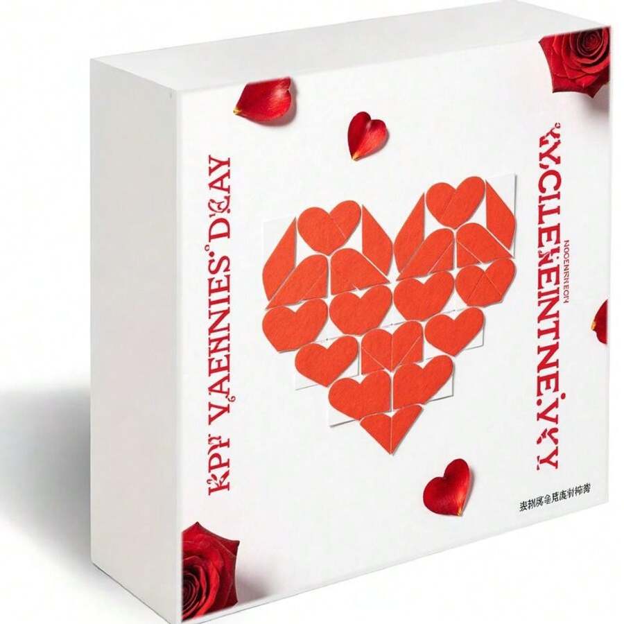 White Rectangular Decorative Wooden Box With Red Heart Pattern (Grid & Outline Hearts), Red Rose Petals & Partial Rose, Vertical Red Text 'KPI VALENTINES D&AY' & 'KYCLEMENTINE.VKY' - Festive Valentine's Day Romantic Decor Or Gift Box - White - View 1