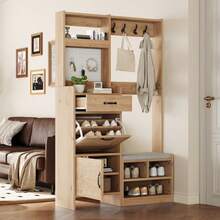 Wardrobe Set, Wall-Mounted Wardrobe, Hallway Wardrobe Set With Shoe Bench, Wardrobe Set With 4 Coat Hooks, 1 Drawer And 2 Doors, Natural, W108.5 X D35 X H180 Cm - White - View 6