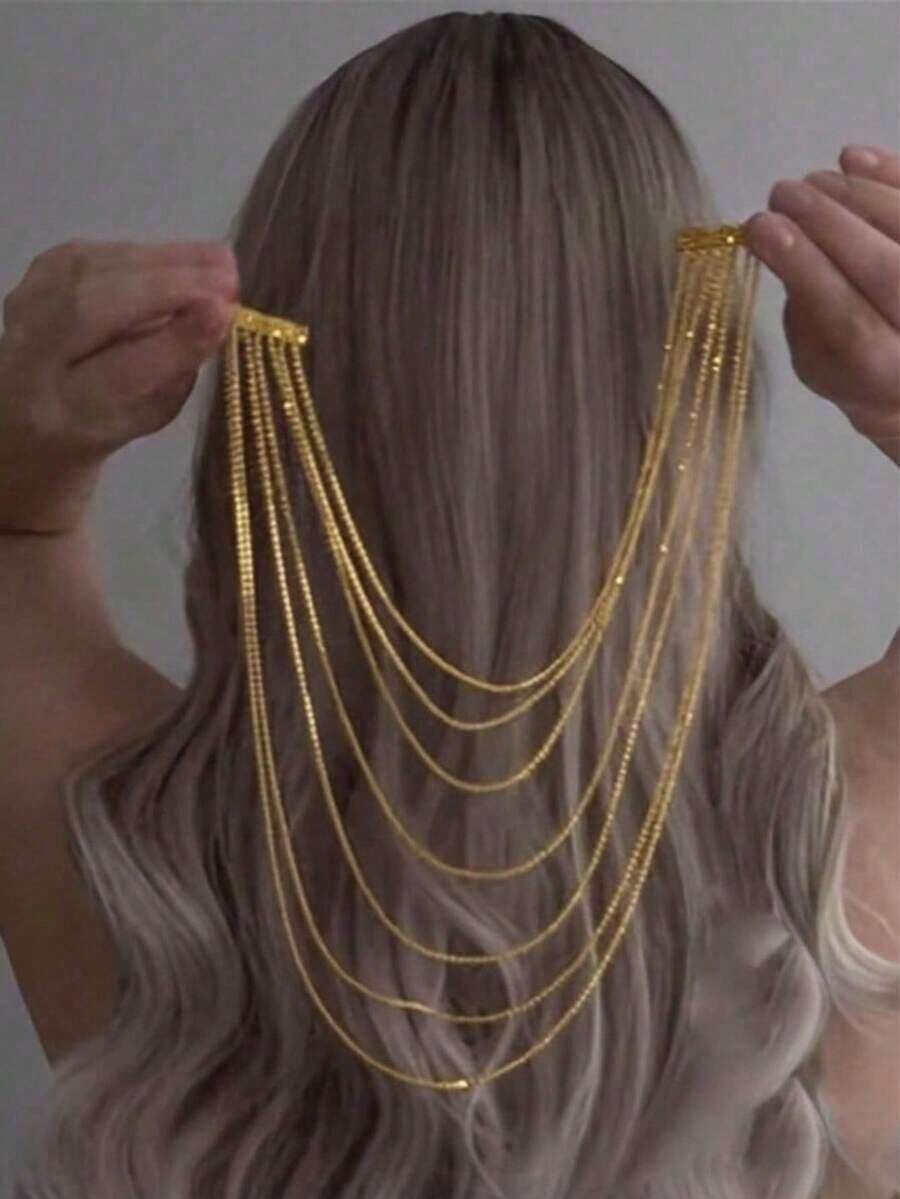 Elegant Sparkling Multi-Layer Tassel Chain, Luxurious Jewelry Accessory Women's Evening Gown, Banquet, And Ball, Jewellery Women, Wedding, Hair Accessories, Looks Of Party - 金子 - 查看 1