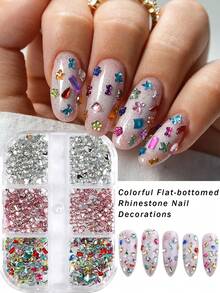6格3D迷你彩色平底美甲水钻套装，包含各种形状的玻璃AB水晶宝石、粉色和透明玻璃心形平底钻石，DIY工艺装饰工具，适用于面部、衣物和指甲，美甲饰品，美甲用品