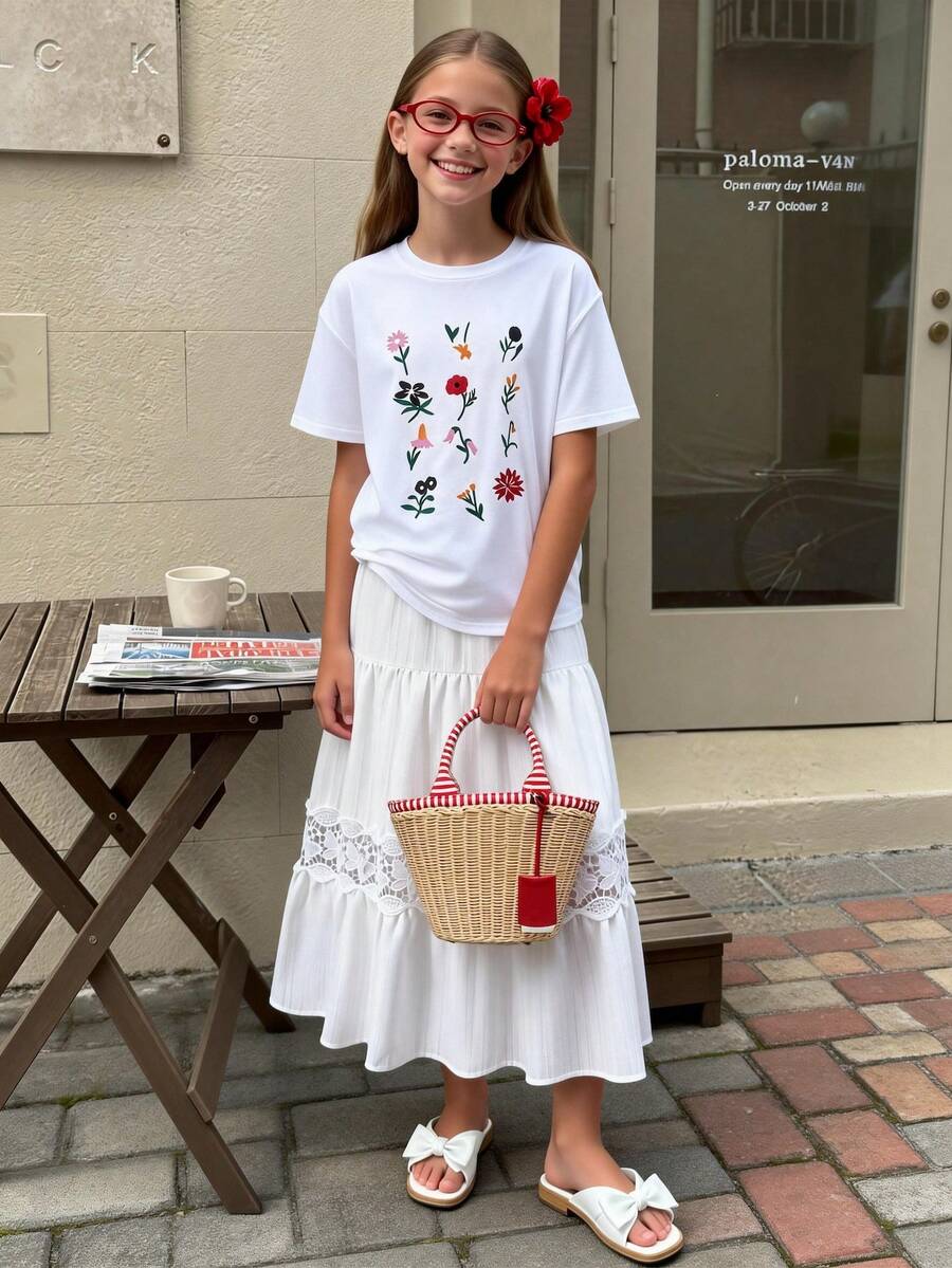 夏季少女休闲度假印花白色圆领T恤和简约白色长裙两件套 - 白色 - 查看 1