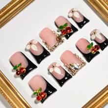 Handmade Short Duckbill Press On Nails, Black, Blush With Cherries, Rhinestones, Chain Details, Ideal For Casual Chic, Fun Outings Summer Easter - 彩色 - 查看 8