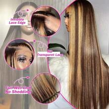 200% 密度直发蕾丝前假发，蜂蜜金挑染，13*4 耳到耳巴西原生人发前额假发，高清透明预拔毛自然发际线，5*5 无胶预剪假发，#4/27 假发，融合自然发丝，适合女性日常佩戴，优雅百搭。 - S4/27 - 查看 3