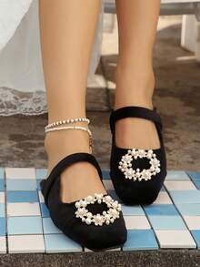 New Spring/Summer Velvet Slide Sandals, Fashionable Closed Toe Flat Slip-On Slippers For Women - Black - View 3