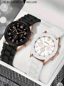 2pcs/Set Minimalist Casual Women's Quartz Watch, Fashion Gold Accessory Set (Includes Black & White Rubber Strap And Rose Gold Decorated Chronograph Dial Quartz Watch), Featuring Black & White Rubber Strap, Rose Gold Decorated Details And Chronograph Dial. Minimalist And Versatile Style Suitable For Various Outfits. - Multicolor - View 7