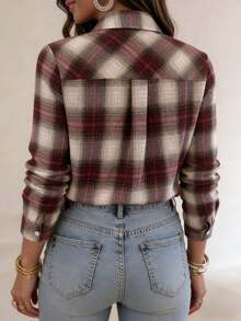 女士休闲格子长袖衬衫，经典衬衫领，前襟纽扣，常规版型，涤纶面料 - 酒紅色 - 查看 3