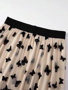 EARO Women's Long Butterfly Print Mesh A-Line Skirt, Flowing Fabric, High Waist - Apricot - View 3