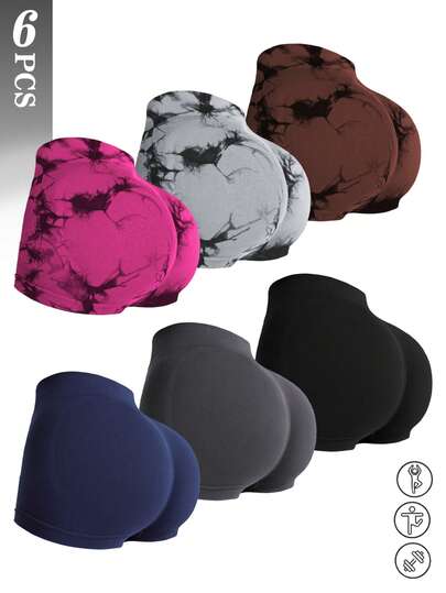 6条装女士无缝扎染高腰瑜伽短裤，日常穿着，运动短裤，休闲度假装，凸显蜜桃臀曲线