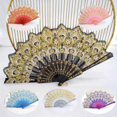 1PCS 6-Color Flower Folding Fan Chinese Style Folding Fan Floral Pattern Folding Fan Retro Style Handheld Wedding Ball Party Decoration Mother's Day Gift