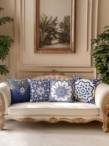 4件套波西米亚风格天鹅绒柔软触感低过敏性聚酯纤维材质抱枕套，多种尺寸可选，蓝白瓷器图案，隐藏式拉链设计，适用于汽车、农舍、家居装饰，客厅沙发抱枕套（不含枕芯），斋月，斋月吉祥，斋月快乐，开斋节快乐，开斋节