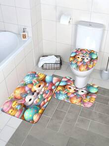 1pc/3pcs Spring Easter Colorful Eggs & Cartoon Rabbit Pattern Bathroom Mat, Machine Washable 1200g/㎡ Polyester Fiber Decorative Floor Mat, 10mm Thick, TPR Non-Slip Bottom, Soft & Absorbent, Foldable & Easy Care, Suitable For Bathroom, Shower, Toilet, Living Room, Entryway, Easter Home Decor, Multi-Scene Use, Easter Gift