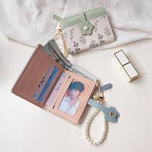可爱碎花二合一钱包卡包，轻巧短款，配珍珠链，适合学生和女性，迷你钱包，手拿包，小巧可爱钱包，腕包，旅行必备证件套，挂绳身份证卡套 - 彩色 - 查看 5