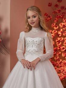 Graceful Blossom Detailed Flower Girl Dresses, Princess A-Line Gowns For Girls With Soft Skirt & Sweet Sleeves, Enchanting First Communion Dress, Tween Girls Birthday Party Dress, Wedding Ceremony Or Photoshoot Outfit, Perfect For Holiday Events, Family Gatherings, Spring Celebrations, Garden Parties, Bridal Showers, Formal Dinners, And Magical Special Moments. - 酒紅色 - 查看 3