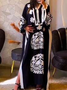 Spring/Summer Women's Arabic Dress,Nomadic Style Dress, Vintage Floral Print Dress With Tie Buttons And Slit, Maxi Dress,For Middle Eastern Style - Black - View 5