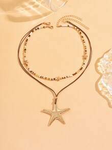 两件套手工串珠波西米亚风项链，配大号海星吊坠，时尚百搭，适合日常佩戴、旅行和派对。 - 金色 - 查看 2