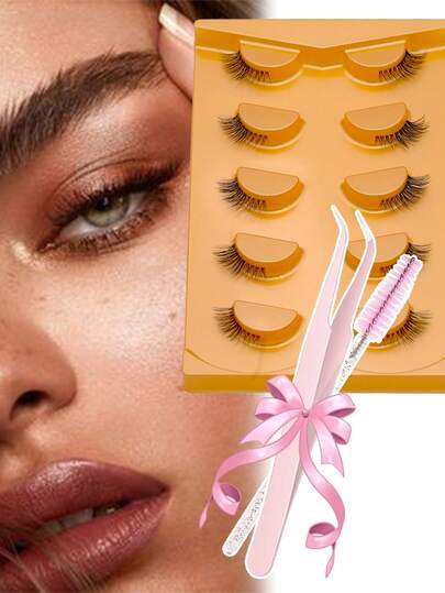 5对装自然半眼假睫毛套装，包含睫毛刷和睫毛夹，长度3-5-9毫米混合，打造自然猫眼妆容，蓬松仿貂毛睫毛，透明条纹自然长猫眼睫毛，3D蓬松假睫毛，可爱迷你超短半眼假睫毛，适合角色扮演，欧美风睫毛嫁接