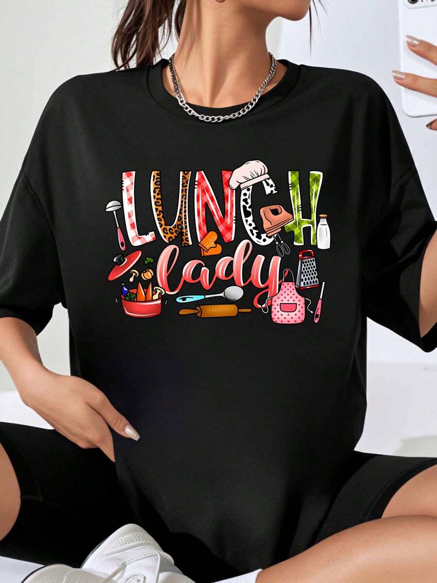Lunch Chef Kitchen Apron Cooking Tools Fun Graphic T-Shirt For Women Casual Oversized Top Food Lover Gift Wearable Art Statement Shirt - màu đen - Xem 1