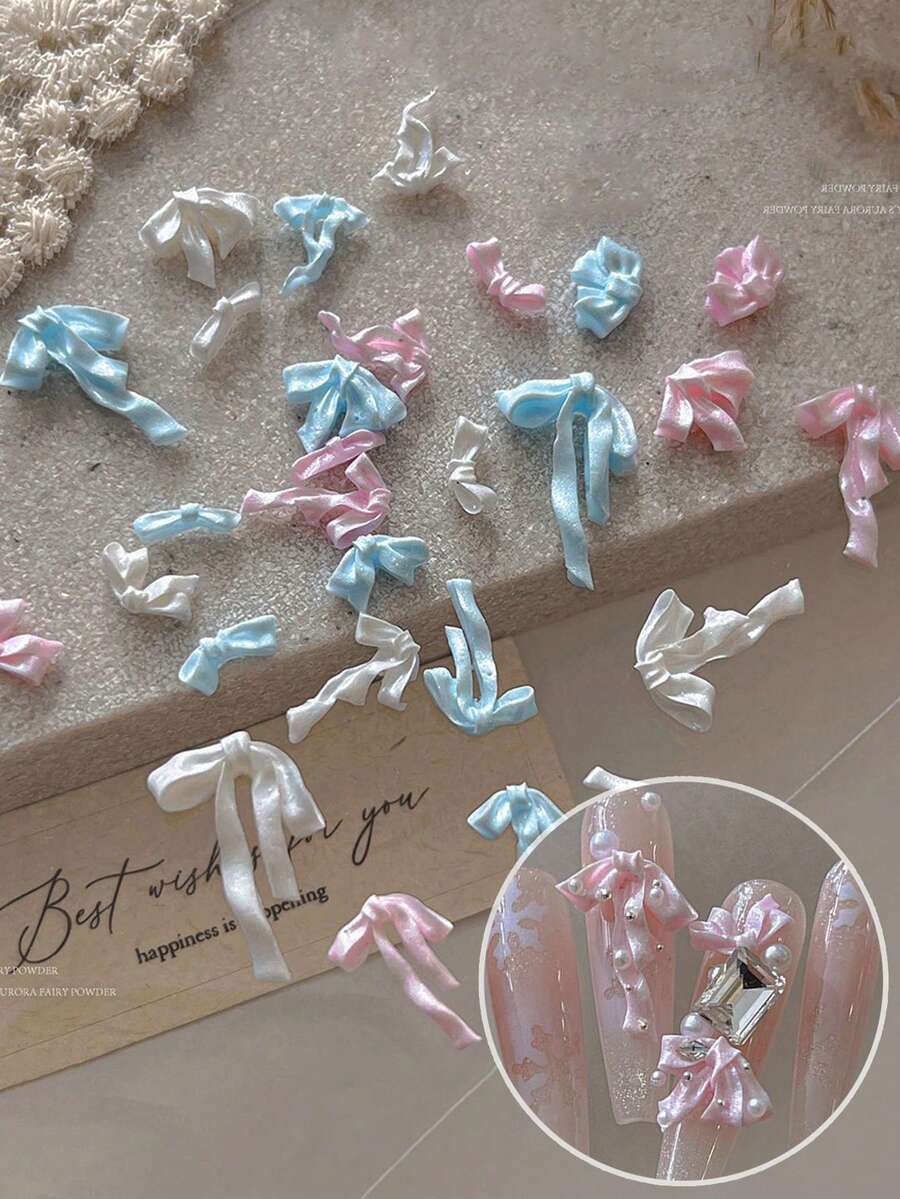 50个柔软珍珠蝴蝶结美甲装饰，各种3D彩色蝴蝶结美甲饰品美甲用品