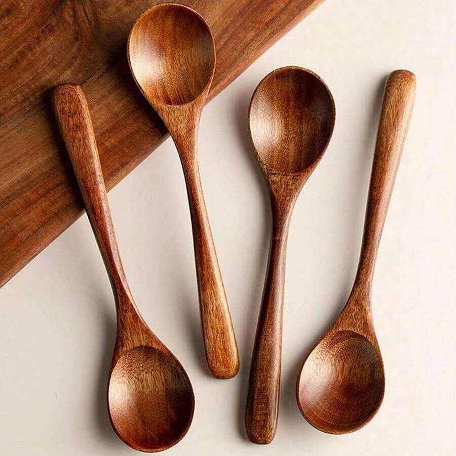 4pcs 7inch/18cm Wooden Honey Spoons, Elegant Dining, Coffee And Dessert Spoons, Kitchen Utensils, Christmas Gift - Brown - View 1