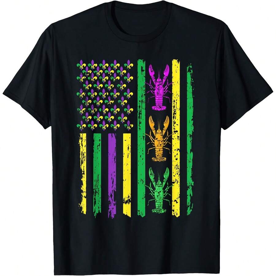 Carnival Mardi Gras USA American Flag Crawfish Parade Outfit T-Shirt - Black - View 1