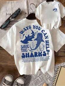 Sharks Short-Sleeved Crew Neck T-Shirt With Slogan Print, Casual Summer Style. - trắng - Xem 2