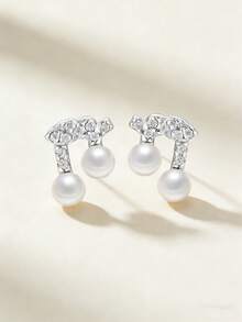 一对S925纯银音符造型耳环，镶嵌珍珠和锆石，优雅复古法式风格，适合日常、约会、派对、简约欧美风、亚洲优雅、中东奢华闪耀、复古欧式精致、职业女性、休闲外出、派对等各种场合。 - 音符 - 查看 1