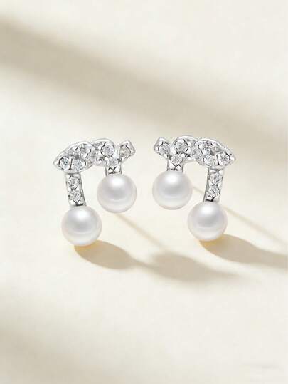 1 Pair S925 Sterling Silver Musical Note Shaped Earrings With Pearl And Zirconia, Elegant Vintage French Style Earrings For Daily, Dating, Party, Minimalist European And American Fashion, Asian Graceful, Middle Eastern Luxurious Sparkle, Vintage European Refined, Professional Women, Casual Outings, Party Dazzling