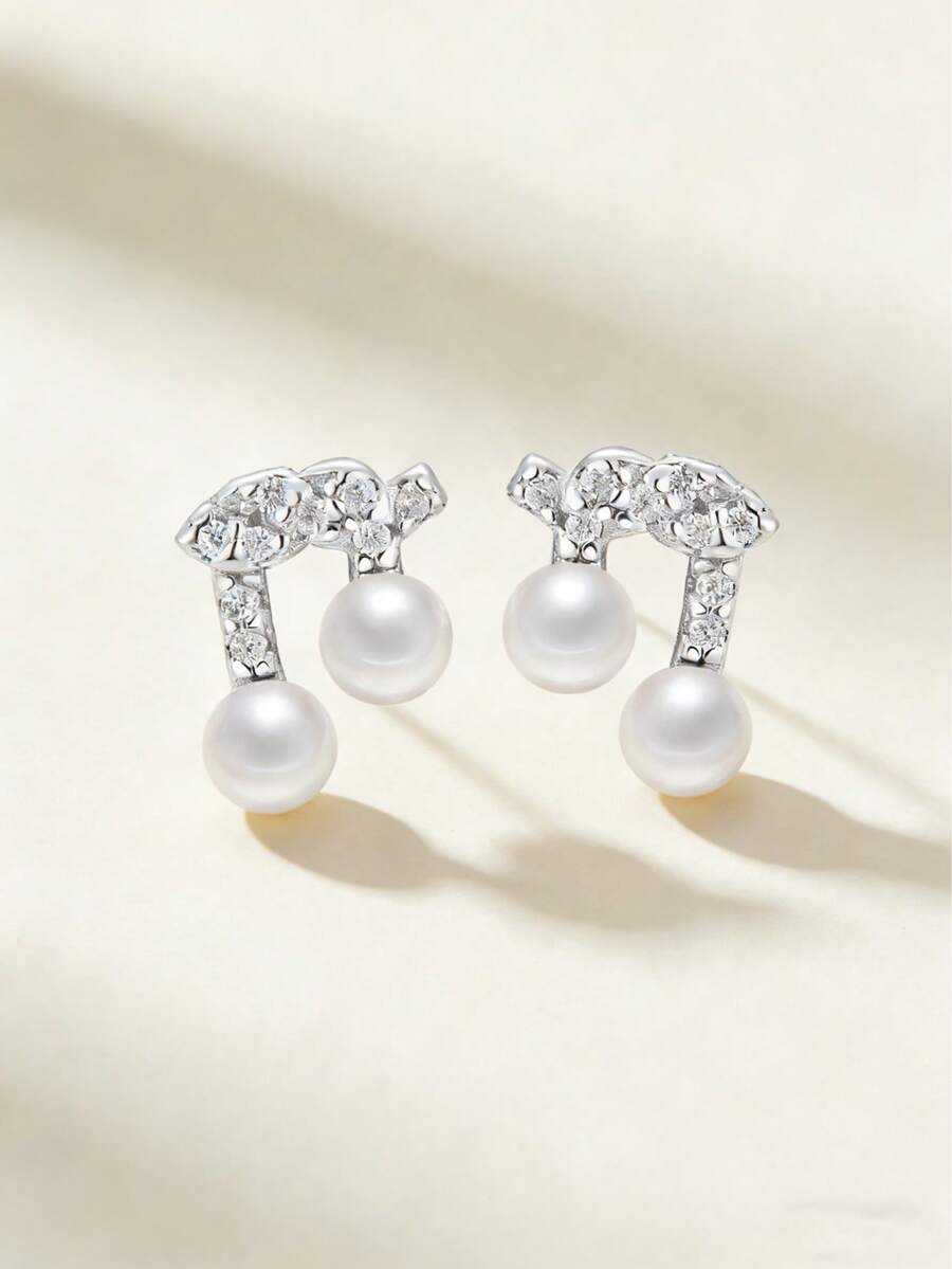 一对S925纯银音符造型耳环，镶嵌珍珠和锆石，优雅复古法式风格，适合日常、约会、派对、简约欧美风、亚洲优雅、中东奢华闪耀、复古欧式精致、职业女性、休闲外出、派对等各种场合。 - 音符 - 查看 1