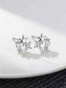 1 Đôi bông tai hình ngôi sao bằng bạc Sterling S925 đính ngọc trai và đá Zirconia, bề mặt kim loại được đánh bóng như gương, thiết kế tối giản hình ngôi sao, phụ kiện thanh lịch cho trang phục hàng ngày. - Ngôi sao - Xem 2